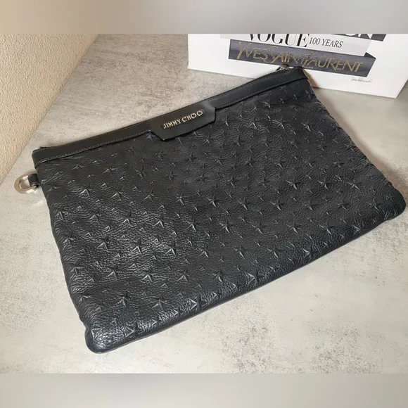 Jimmy Choo Oversized Derek Clutch Wrislet Black Leather Studded Star Bag - Picture 1 of 17